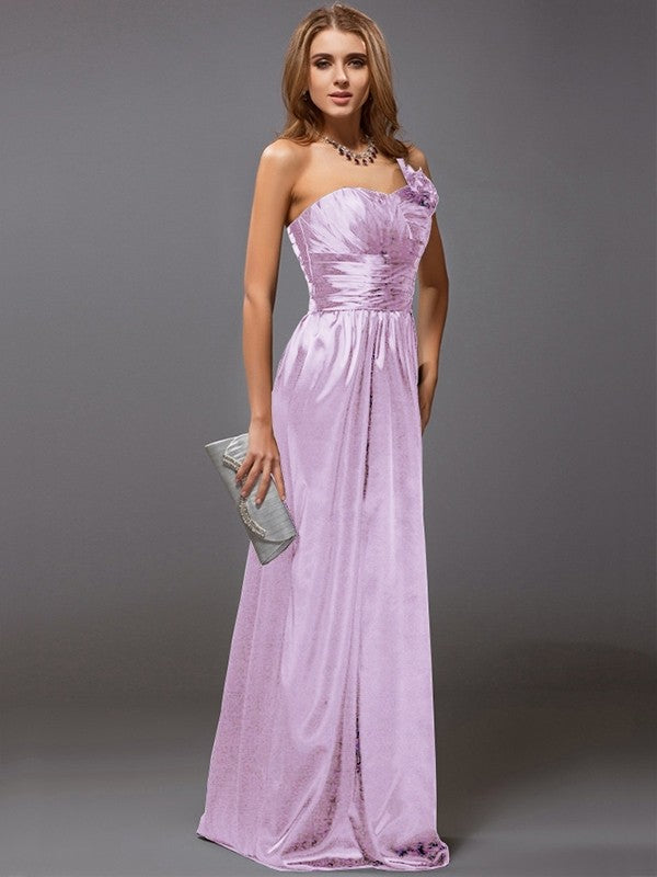 Sheath/Column One-Shoulder Sleeveless Ruffles Long Satin Bridesmaid Dresses CICIP0005611