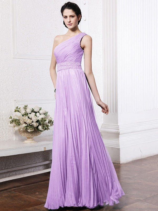 Sheath/Column One-Shoulder Sleeveless Beading Pleats Long Chiffon Bridesmaid Dresses CICIP0005588