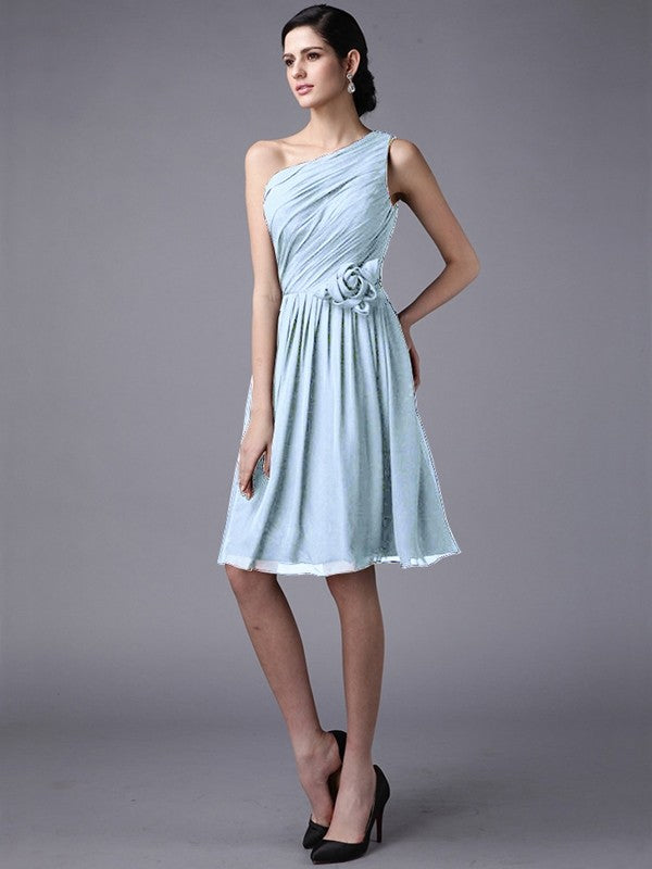 Sheath/Column One-Shoulder Sleeveless Pleats Short Chiffon Bridesmaid Dresses CICIP0005846