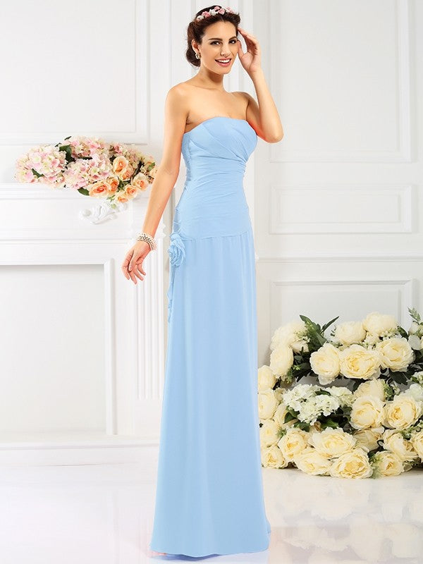 Sheath/Column Strapless Hand-Made Flower Sleeveless Long Chiffon Bridesmaid Dresses CICIP0005753