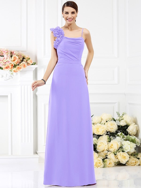 Sheath/Column Spaghetti Straps Hand-Made Flower Sleeveless Long Chiffon Bridesmaid Dresses CICIP0005774