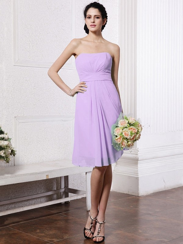 Sheath/Column Strapless Sleeveless Pleats Short Chiffon Bridesmaid Dresses CICIP0005722