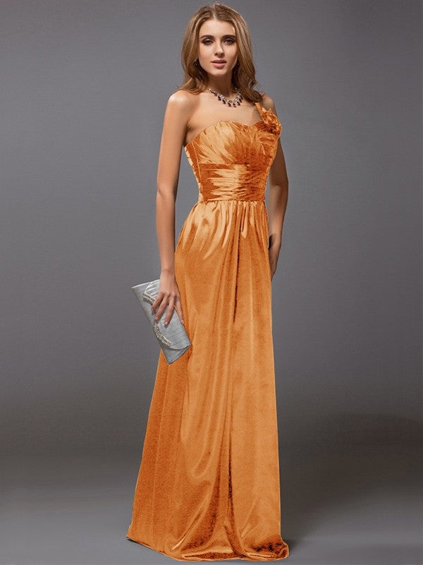 Sheath/Column One-Shoulder Sleeveless Ruffles Long Satin Bridesmaid Dresses CICIP0005611