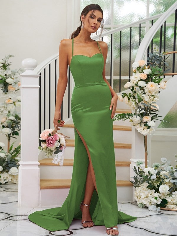 Sheath/Column Elastic Woven Satin Ruched Square Sleeveless Sweep/Brush Train Bridesmaid Dresses CICIP0004933