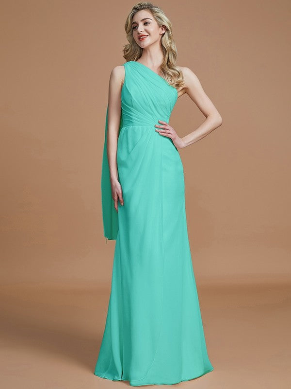 Sheath/Column One-Shoulder Sleeveless Floor-Length Chiffon Bridesmaid Dresses CICIP0005565