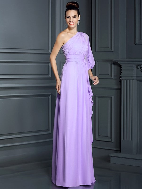 Sheath/Column One-Shoulder 3/4 Sleeves Long Chiffon Bridesmaid Dresses CICIP0005047