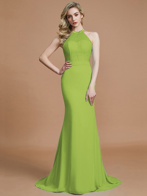 Trumpet/Mermaid Sleeveless Scoop Sweep/Brush Train Chiffon Bridesmaid Dresses CICIP0005142