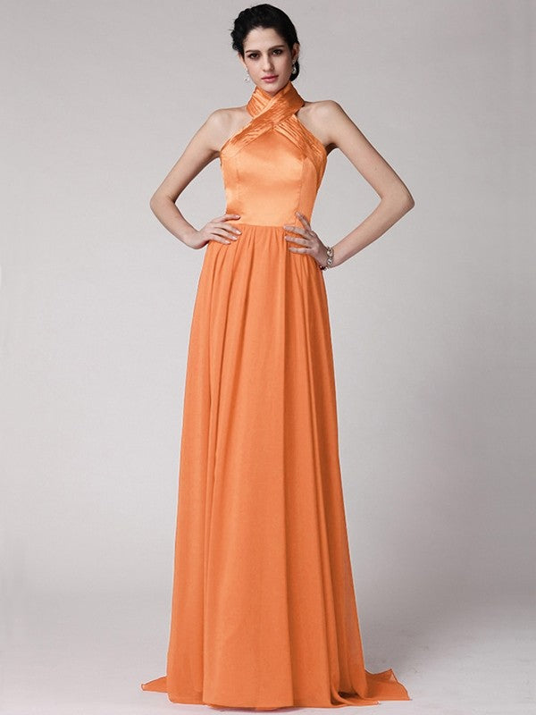 Sheath/Column Halter Sleeveless Pleats Long Elastic Woven Satin Chiffon Bridesmaid Dresses CICIP0005653