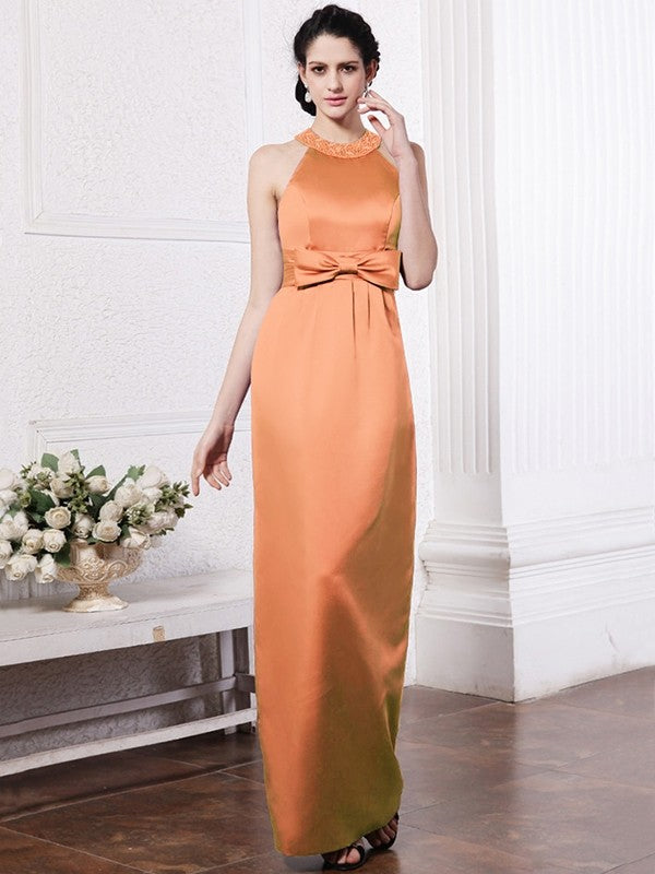 Sheath/Column Scoop Sleeveless Beading Bowknot Long Elastic Woven Satin Bridesmaid Dresses CICIP0005506