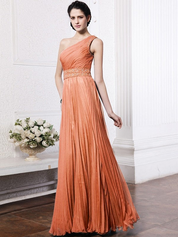 Sheath/Column One-Shoulder Sleeveless Beading Pleats Long Chiffon Bridesmaid Dresses CICIP0005588