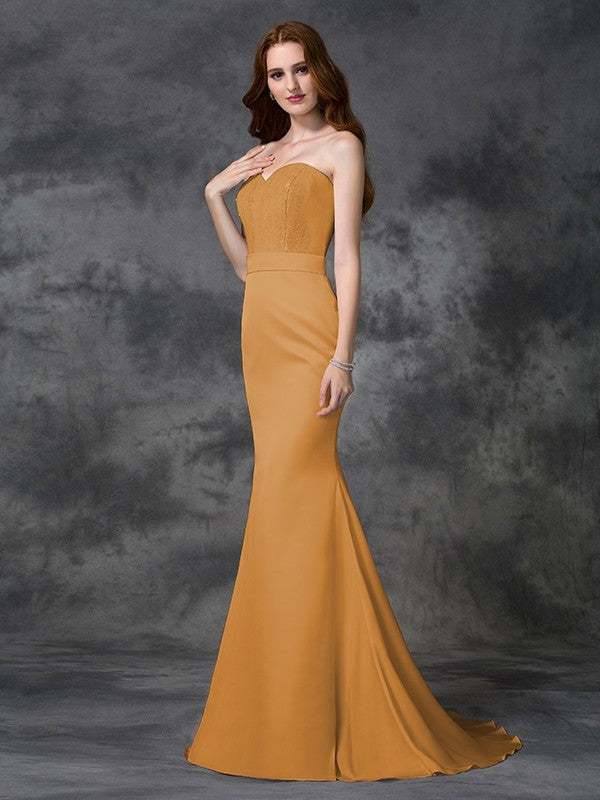 Trumpet/Mermaid Sweetheart Beading Sleeveless Long Satin Chiffon Bridesmaid Dresses CICIP0005321