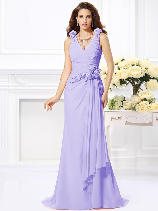 Trumpet/Mermaid V-neck Hand-Made Flower Sleeveless Long Chiffon Bridesmaid Dresses CICIP0005122