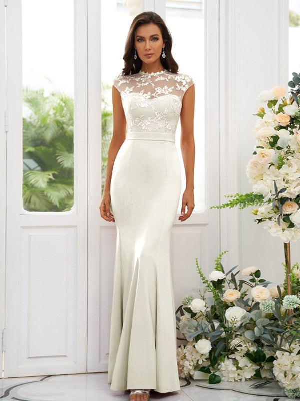 Trumpet/Mermaid Charmeuse Applique High Neck Sleeveless Floor-Length Bridesmaid Dresses CICIP0004924