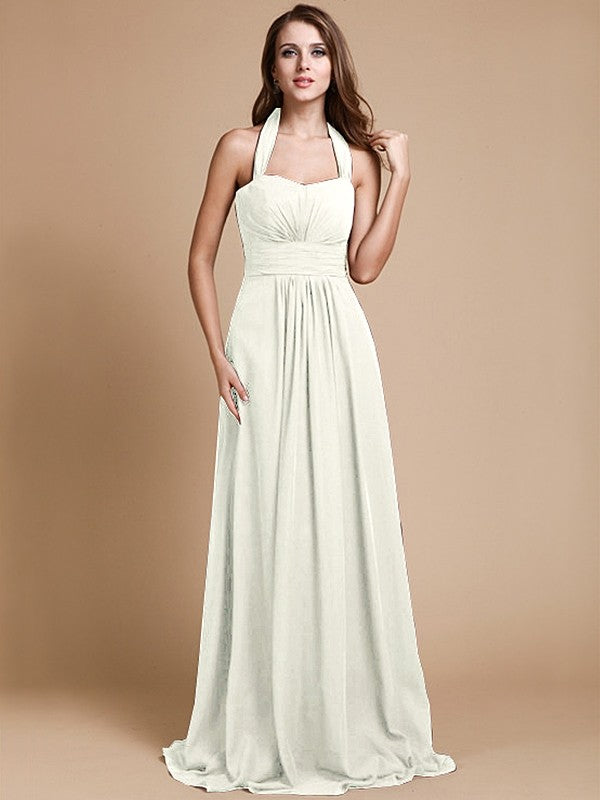 A-Line/Princess Halter Sleeveless Long Ruffles Chiffon Bridesmaid Dresses CICIP0005483