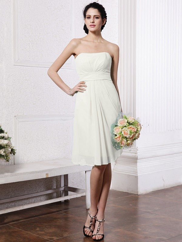 Sheath/Column Strapless Sleeveless Pleats Short Chiffon Bridesmaid Dresses CICIP0005722