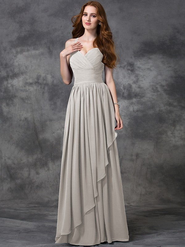 A-line/Princess Spaghetti Straps Sleeveless Long Ruffles Chiffon Bridesmaid Dresses CICIP0005431