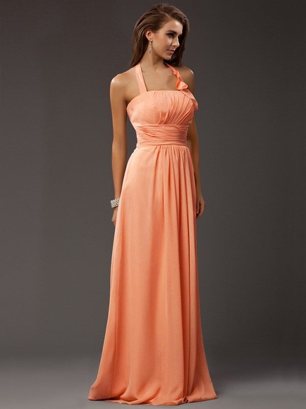 Sheath/Column Halter Sleeveless Ruffles Long Chiffon Bridesmaid Dresses CICIP0005366