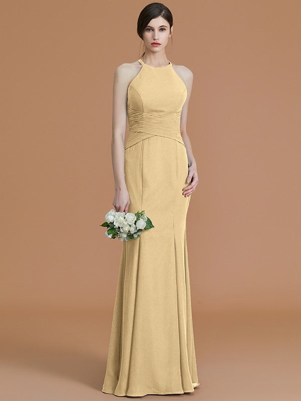 Trumpet/Mermaid Halter Sleeveless Floor-Length Ruched Chiffon Bridesmaid Dresses CICIP0005544