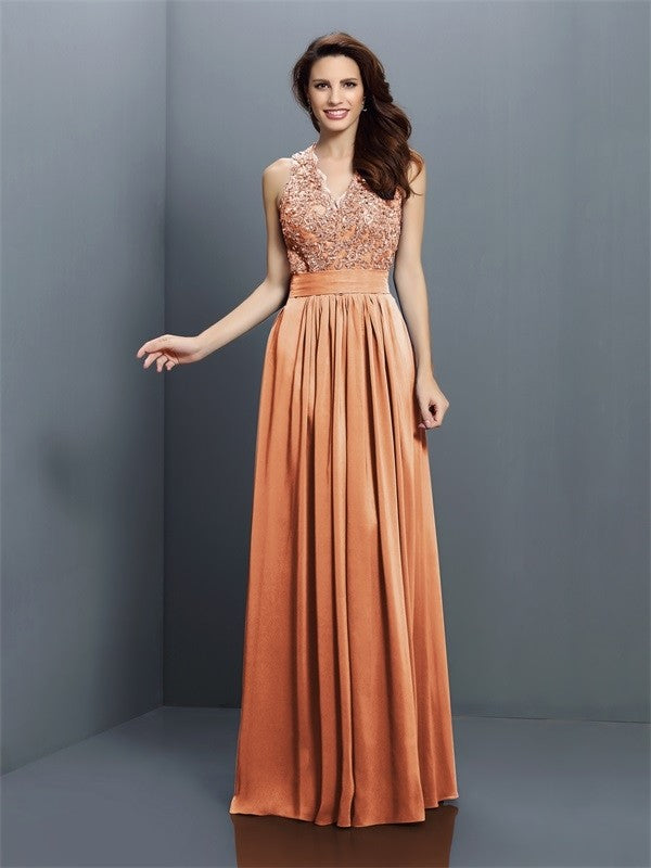 A-Line/Princess V-neck Applique Sleeveless Long Chiffon Bridesmaid Dresses CICIP0005255