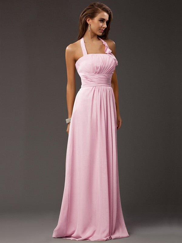 Sheath/Column Halter Sleeveless Ruffles Long Chiffon Bridesmaid Dresses CICIP0005366