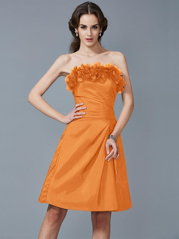 Sheath/Column Strapless Sleeveless Hand-Made Flower Short Taffeta Bridesmaid Dresses CICIP0005868