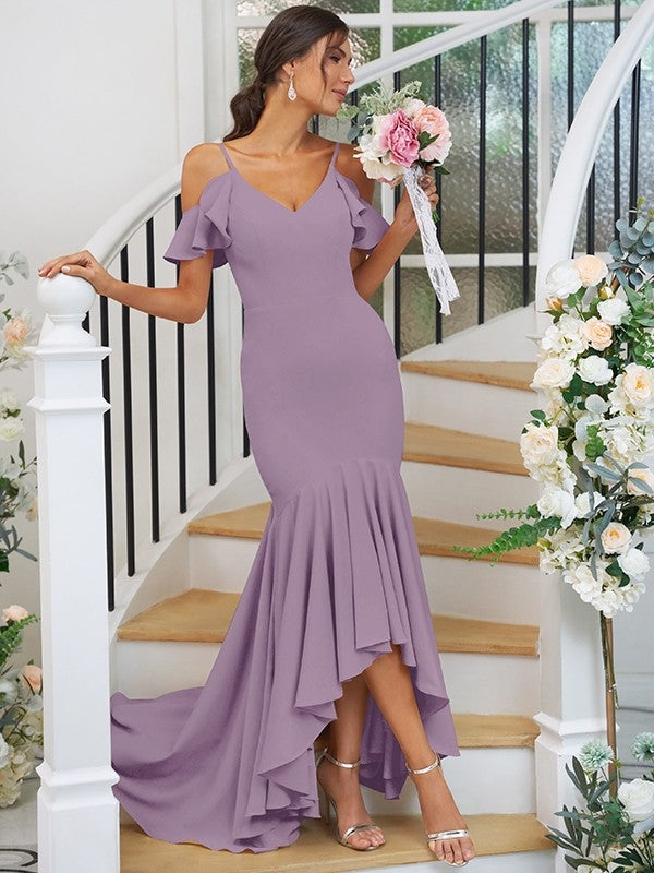 Trumpet/Mermaid Jersey Ruffles V-neck Sleeveless Asymmetrical Bridesmaid Dresses CICIP0004937