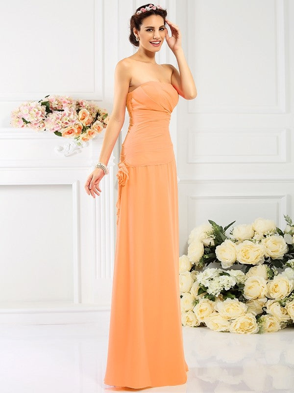 Sheath/Column Strapless Hand-Made Flower Sleeveless Long Chiffon Bridesmaid Dresses CICIP0005753