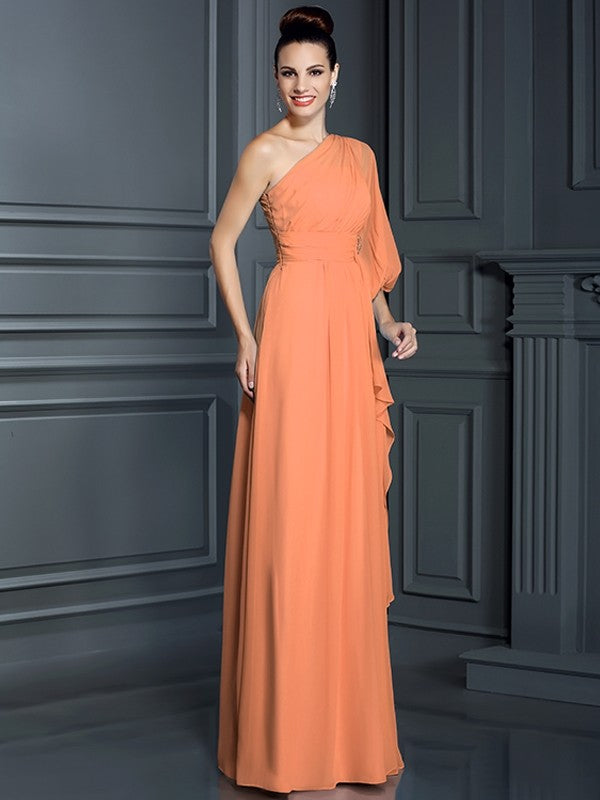 Sheath/Column One-Shoulder 3/4 Sleeves Long Chiffon Bridesmaid Dresses CICIP0005047