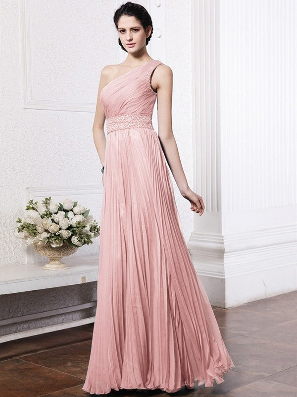 Sheath/Column One-Shoulder Sleeveless Beading Pleats Long Chiffon Bridesmaid Dresses CICIP0005588