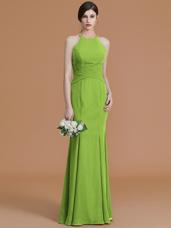 Trumpet/Mermaid Halter Sleeveless Floor-Length Ruched Chiffon Bridesmaid Dresses CICIP0005544