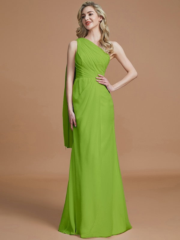 Sheath/Column One-Shoulder Sleeveless Floor-Length Chiffon Bridesmaid Dresses CICIP0005565