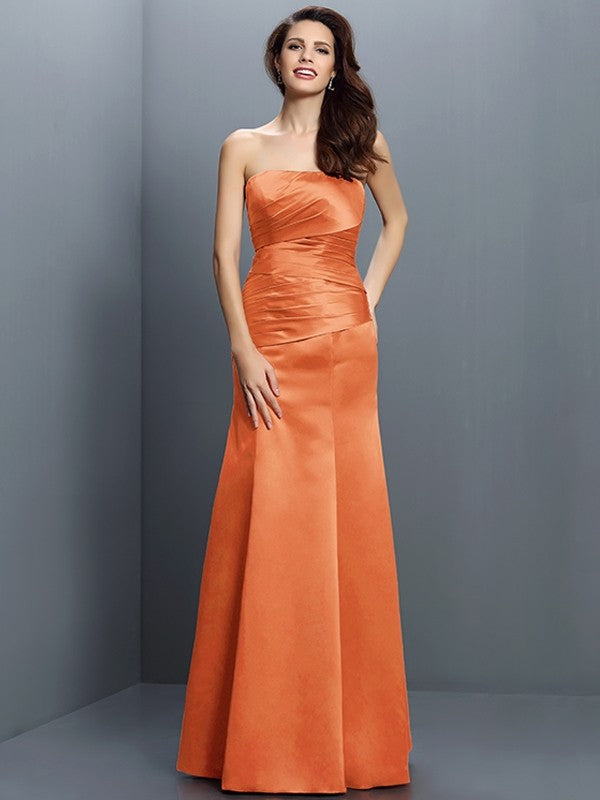 Sheath/Column Strapless Pleats Sleeveless Long Satin Bridesmaid Dresses CICIP0005635