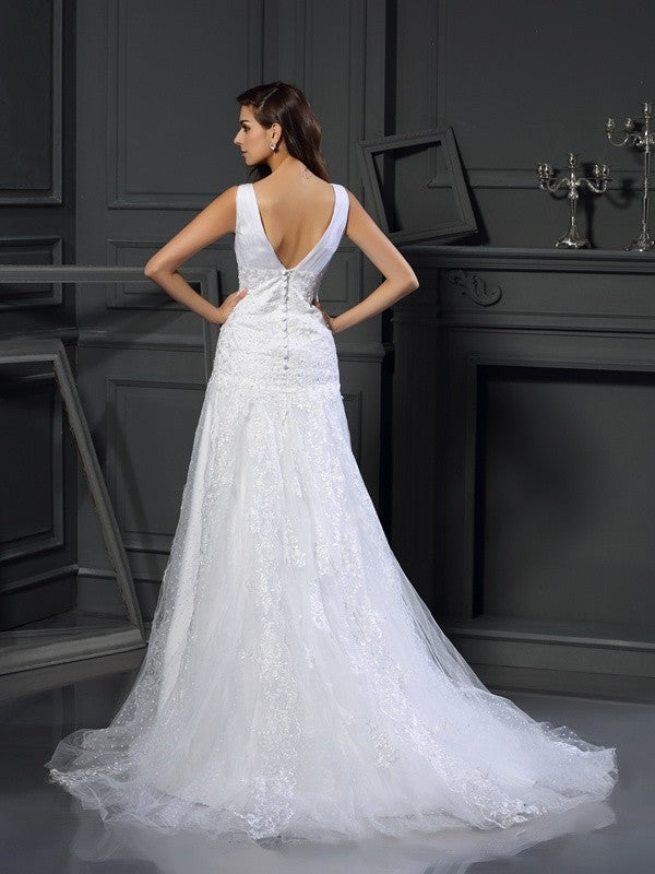 A-Line/Princess V-neck Beading Sleeveless Long Satin Wedding Dresses CICIP0006498