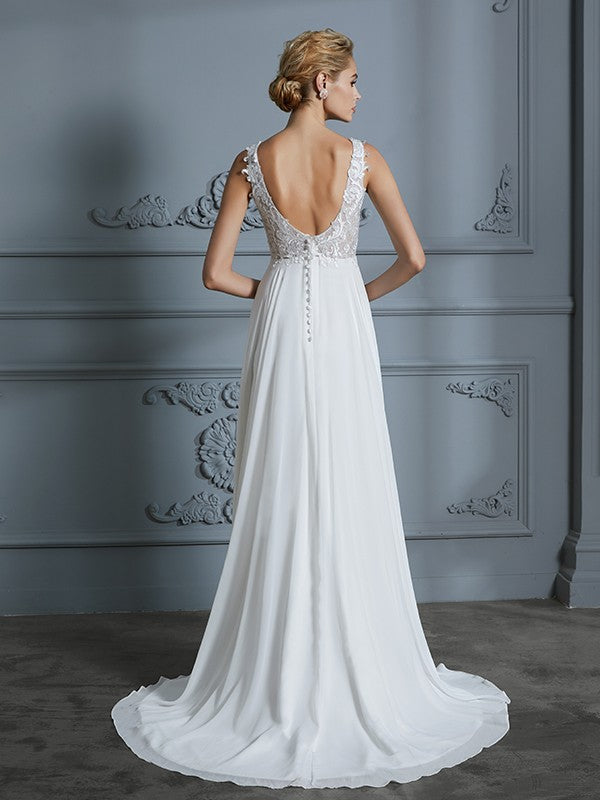 A-Line/Princess Sleeveless V-neck Sweep/Brush Train Chiffon Wedding Dresses CICIP0006388