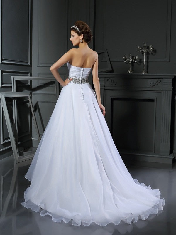 Ball Gown Sweetheart Beading Sleeveless Long Satin Wedding Dresses CICIP0006141