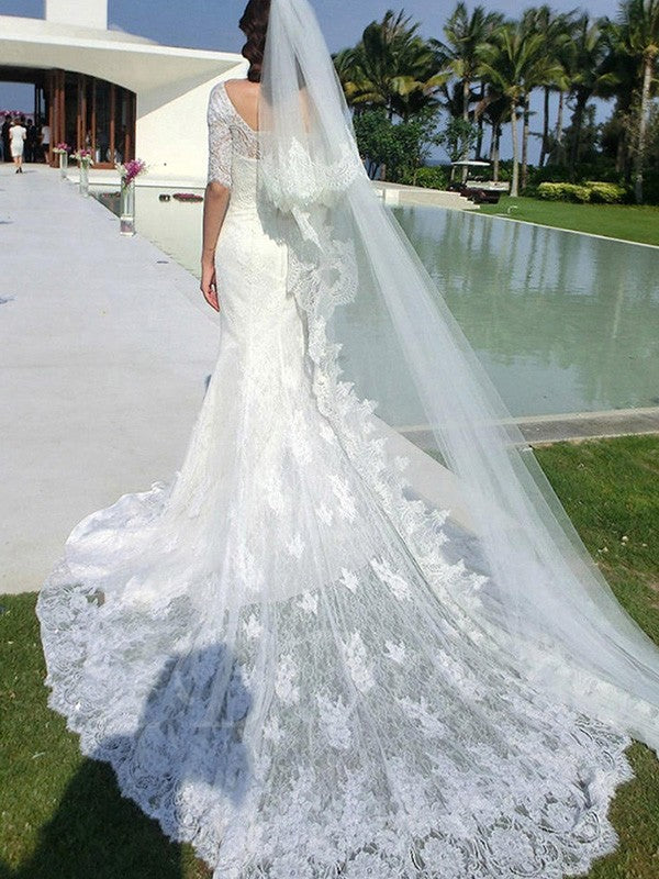 Trumpet/Mermaid 1/2 Sleeves Square Cathedral Train Applique Lace Wedding Dresses CICIP0006540