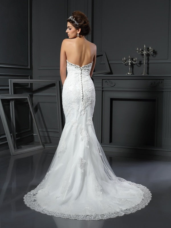 Sheath/Column Sweetheart Beading Sleeveless Long Net Wedding Dresses CICIP0006493