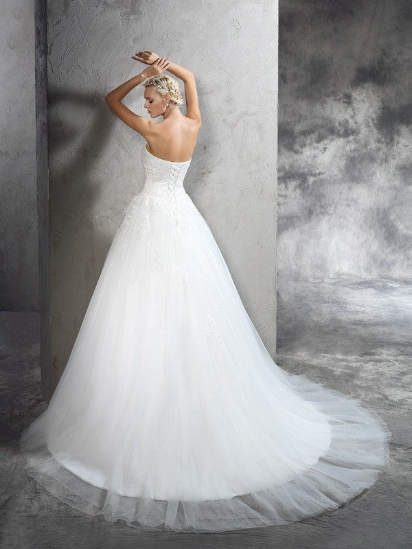 Ball Gown Strapless Applique Sleeveless Long Satin Wedding Dresses CICIP0006676