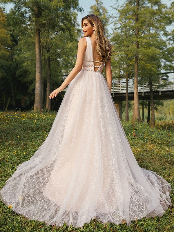 A-Line/Princess Tulle Ruffles V-neck Sleeveless Sweep/Brush Train Wedding Dresses CICIP0006441