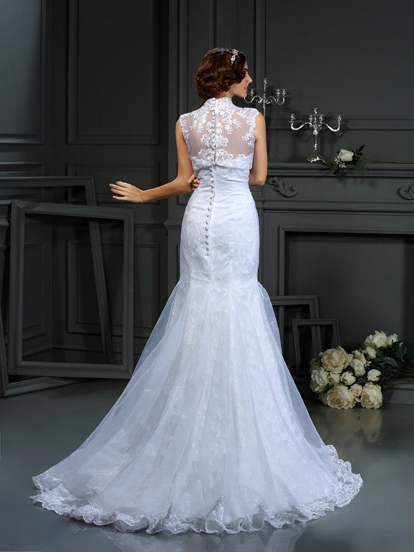 Trumpet/Mermaid Sweetheart Lace Sleeveless Long Satin Wedding Dresses CICIP0006811