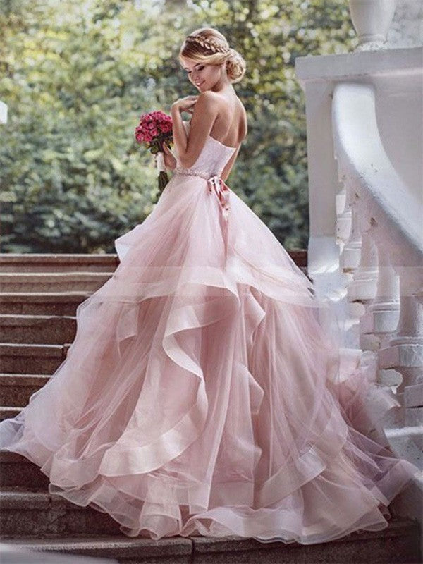 Ball Gown Sweetheart Sleeveless Court Train Layers Organza Wedding Dresses CICIP0006467