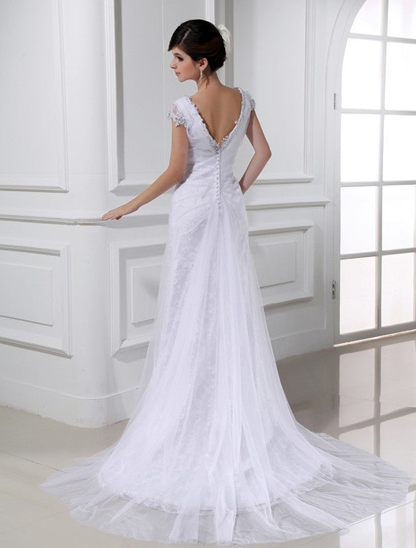 A-Line/Princess Beading V-neck Long Sleeveless Tulle Wedding Dresses CICIP0006660