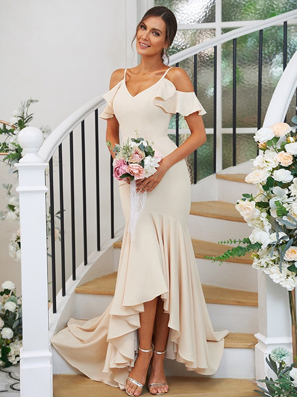 Trumpet/Mermaid Jersey Ruffles V-neck Sleeveless Asymmetrical Bridesmaid Dresses CICIP0004937