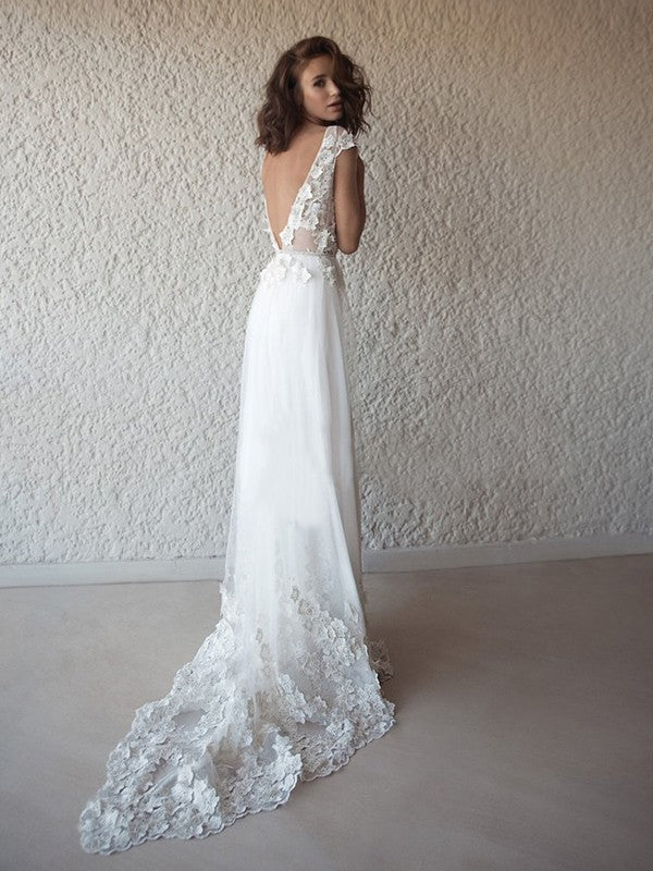 A-Line/Princess Tulle Applique V-neck Sleeveless Sweep/Brush Train Wedding Dresses CICIP0006481