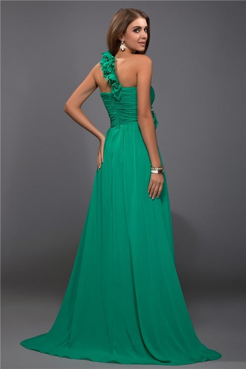 Sheath/Column One Shoulder Ruffles Sleeveless Hand-Made Flower Long Chiffon Dresses CICIP0004273