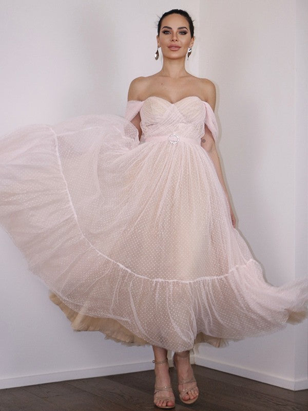 A-Line/Princess Lace Ruched Off-the-Shoulder Sleeveless Tea-Length Homecoming Dresses CICIP0004739