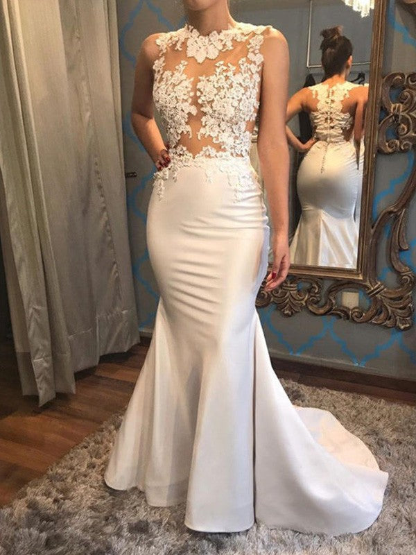 Trumpet/Mermaid Sleeveless Scoop Court Train Applique Satin Wedding Dresses CICIP0005962