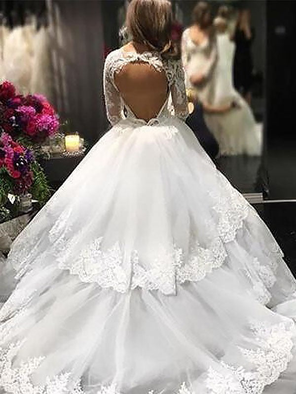 Ball Gown V-neck Lace Tulle Long Sleeves Court Train Wedding Dresses CICIP0006369