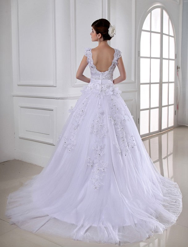 Ball Gown Beading Long Satin Tulle Strapless Sleeveless Wedding Dresses CICIP0006798