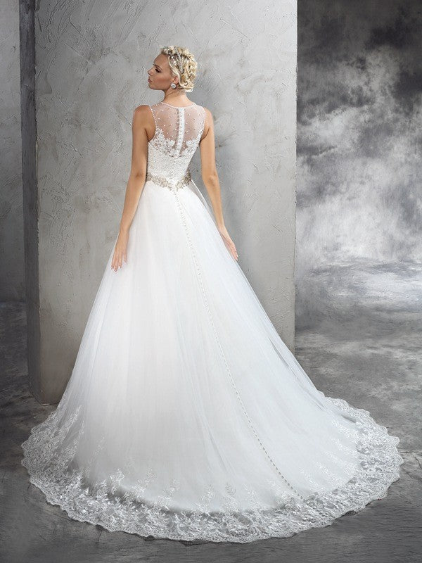 A-Line/Princess Sheer Neck Beading Sleeveless Long Net Wedding Dresses CICIP0006614